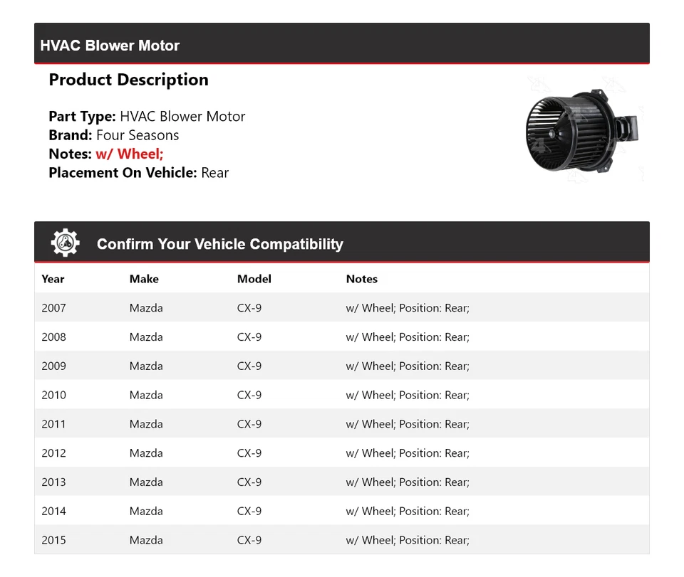 Para Mazda CX-9 2007-2015 HVAC Soplador Motor Trasero 4 Temporadas 2008 2009 2010 2011 Foto 2 de 4