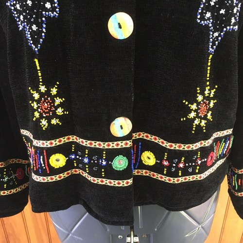 Julie Ku Womans Petite Medium Black Fully Beaded Multicolored Snap Button Jacket - Picture 7 of 9