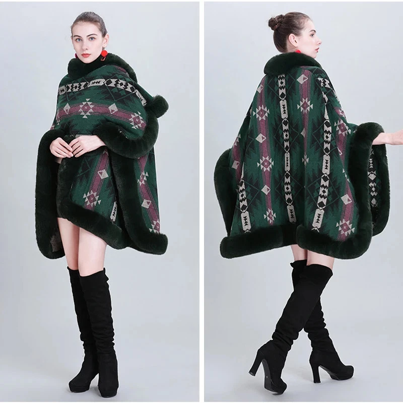 Knit Jacquard Faux Fur Cape Overcoat Autumn Winter Women Cardigan Cape Coat - Image 4 of 4