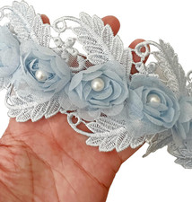 1 Yard Blue 3D Pearl Chiffon Flower Embroidered Lace Edge Trim Ribbon, Flower Wi