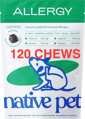 Native Pet Allergy & Immune & Itch Relief Supplement for Dogs, 120 chews EXP 27