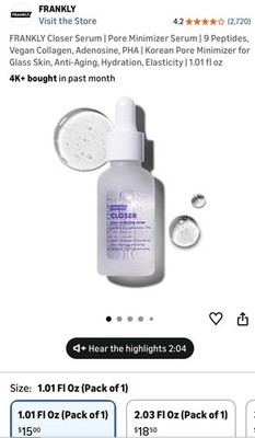 FRANKLY Closer Pore Minimizer Serum Peptide 9 Adenosine PHA 1 fl oz