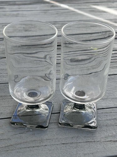 2 Vintage Federal Glass Nordic Midnight Square Pedestal Juice Glasses Smoky Gray