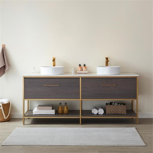 Vinnova Murica 72" White Top Vessel Sink Double Vanity Oak Wood Gold w/ Mirror - Picture 2 of 9