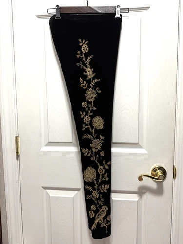 JOHNNY WAS NYOMI Black VELVET Floral EMBROIDERED LEGGING - XS - NWT