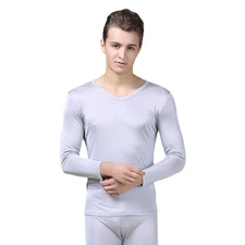 Men's solid V-neck silk double knitted thermal underwear set autumn clothes and