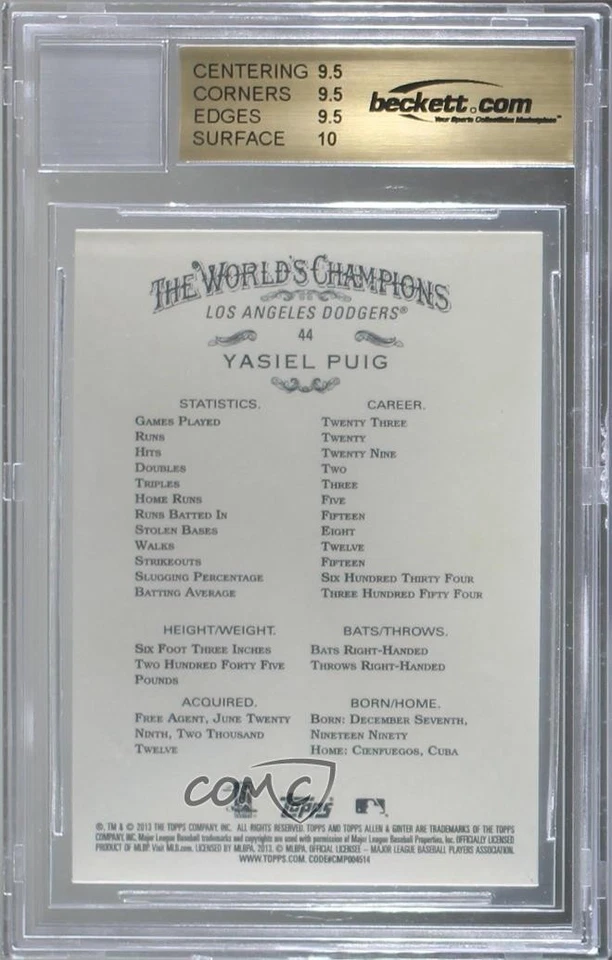 BAS 2013 Topps Allen & Ginter's Yasiel Puig #44 BGS Authentic Auto Rookie RC - Image 2 of 2
