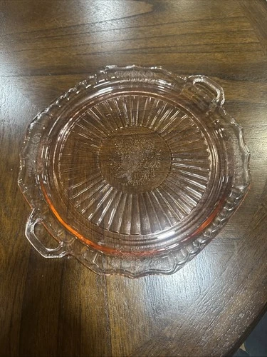 Vintage Pink Depression Glass Granny Cottage Cake Plate Mayfair Open Rose 1930s
