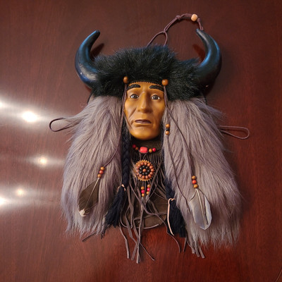 Vintage Native American Indian Effigy Wall Art Spirit Mask with fur & feathers