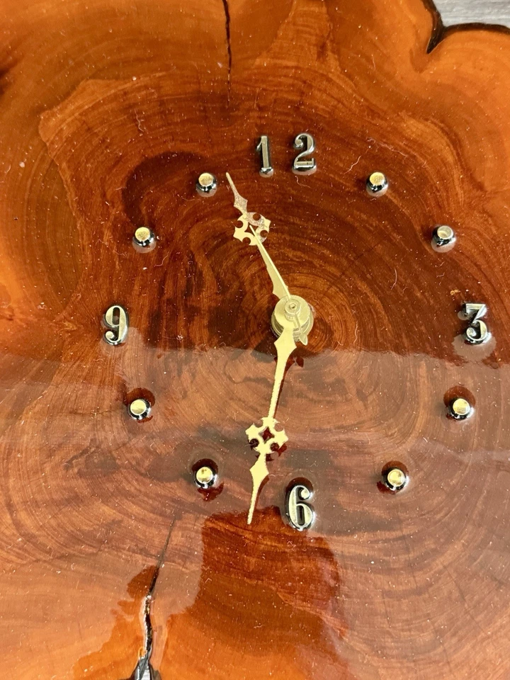 Vtg Rustic Edge Wall Clock Wood Tree Slab Epoxy Coating Gem Numbers Works 19x17” - Image 2 of 4