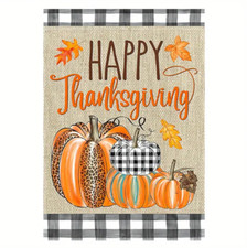Happy Thanksgiving Pumpkin Check Design 12x18 Double Sided Burlap Garden Flag