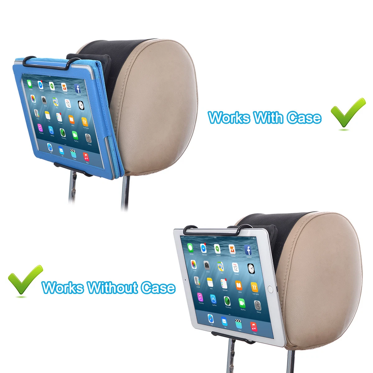 Universal Car Headrest Mount Holder with Angle- Adjustable Holding Clamp - 12.9"