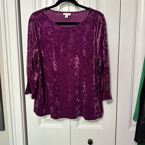 J Jill Women Velvet Top Large 3/4 Sleeve Soft Blouse Purple Crushed Velour Shirt