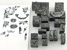 Lot VTG Metal Letterpress Printing Blocks Christmas Santa Holly Flowers Leaves