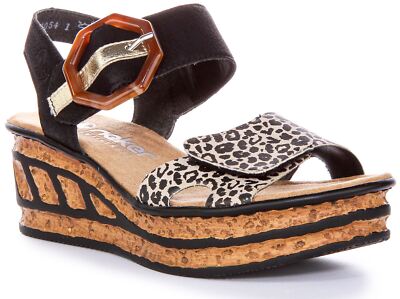 Rieker Strappy With Buckle Tone Wedge Cork Womens  Sandal Black Multi US 6 - 10