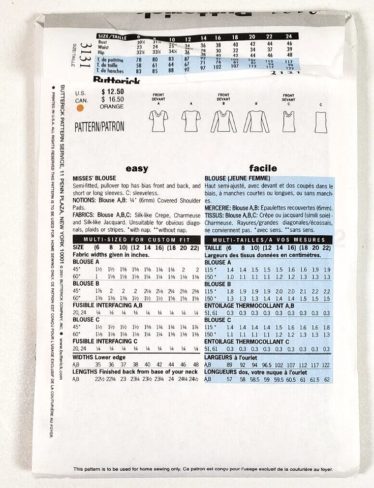 Butterick Sewing Pattern 3131 Top Tunic Shirt Misses Size 12-16 - Image 2 of 3