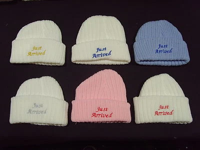 Baby Knitted Wool Embroidered Personalised Hat With Saying Just Arrived