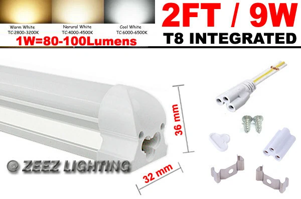 4X T8-Integrated 2FT 9W Daylight Cool White LED Tube Light Bulb Fluorescent Lamp - Image 2 of 4