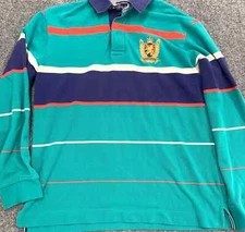 Fahrenheit Rugby Polo Shirt Mens L Long Sleeve Green Stripes Embroidered Logo