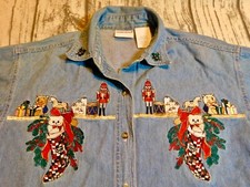 VTG BOBBIE BROOKS SHIRT BUTTON EMBROIDERED CHRISTMAS TOYS MANTEL STOCKING WOMENS