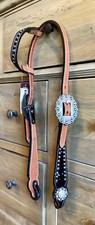 Western One-Ear Headstall, Hair On, Chestnut/Black/Turquoise W/Crystal Conchos