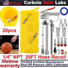 20X Air Compressor Tool Accesory Kit Gun Nozzle 25FT Hose Recoil Inflation Gauge