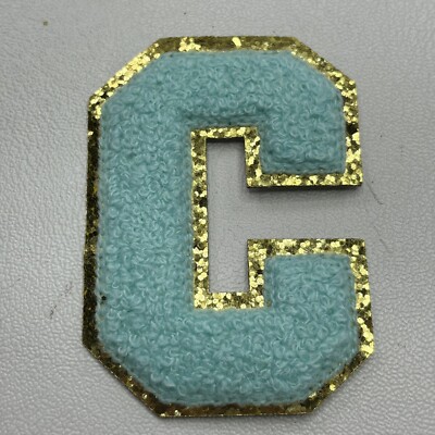 3'' AQUA BLUE ish Chenille Letter Initial C Patch w/ Gold Sparkle Trim M014