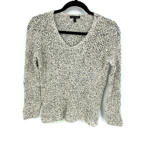Eileen-Fisher-Size-Medium-Heather-Gray-100-Cotton-Open-Knit-V-Neck-Pullover