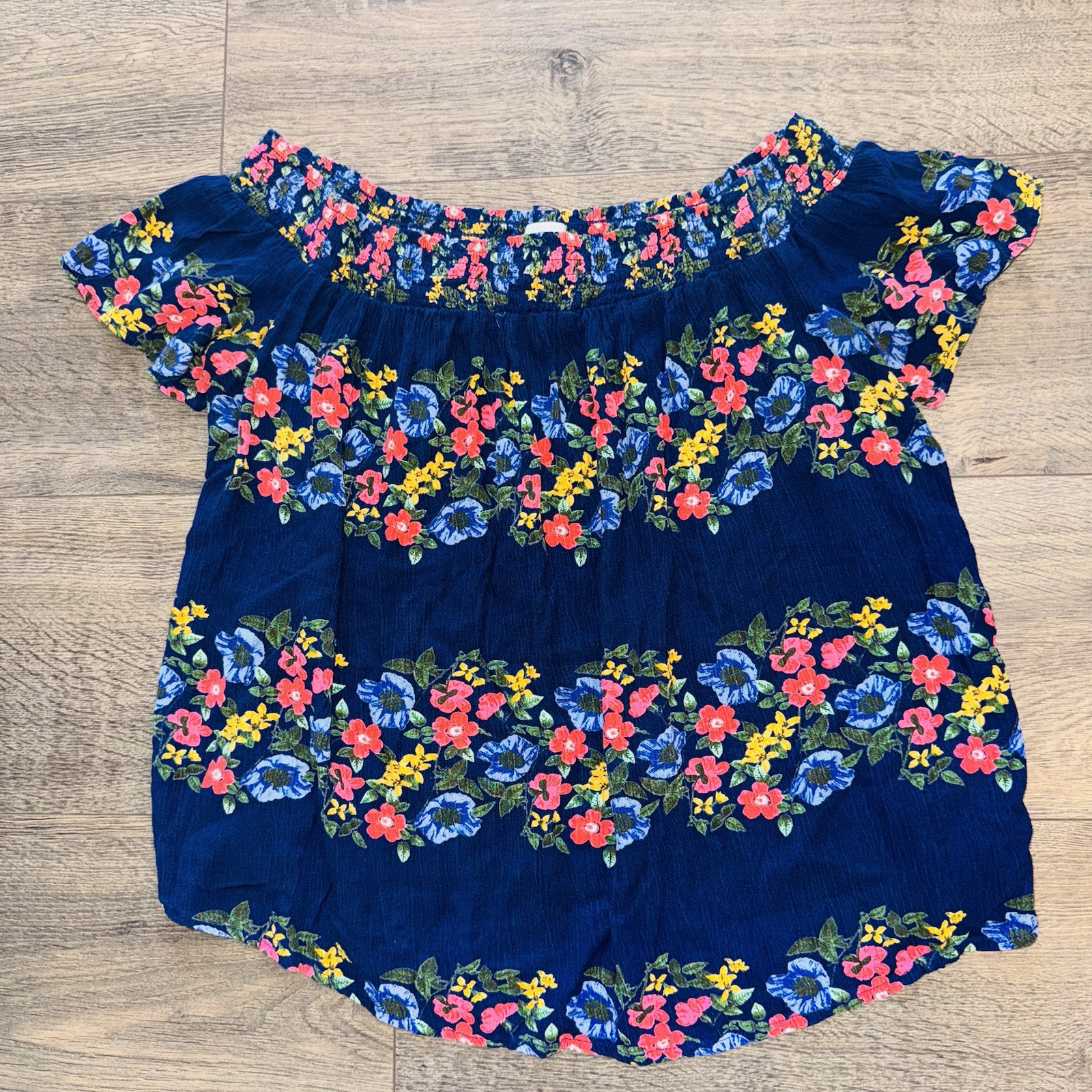 Old Navy Off-the-Shoulder Top Women's M Blue Floral Boho Short Sleeve Blouse