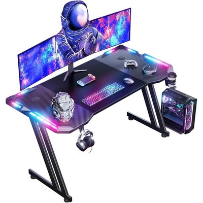 Gaming Tisch 120 x 60 cm, LED Gaming Schreibtisch, PC Tisch mit Carbonfaser-O...