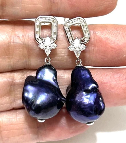 Giant Keshi Baroque Pearl Earrings - 13.5 x 17.5mm Navy Blue Black Dangle