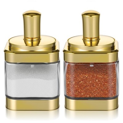 2 PCS Glass Condiment Containers Gold Spice Jars with Lids and Spoons Seasoni...
