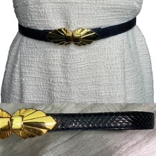 Vintage Genuine Snake Skin Navy Waist Belt Gold Tone Dame Buckle S/M