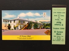 El Carmen Motel Santa Barbara California 1952 postcard and match cover