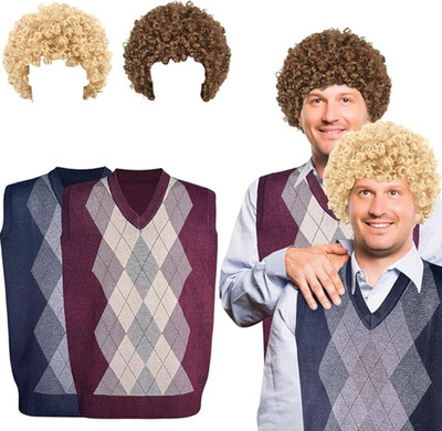 4pcs Halloween Cosplay Costume, Afro Fluffy Wigs Sweater Vests, Disco Hippie