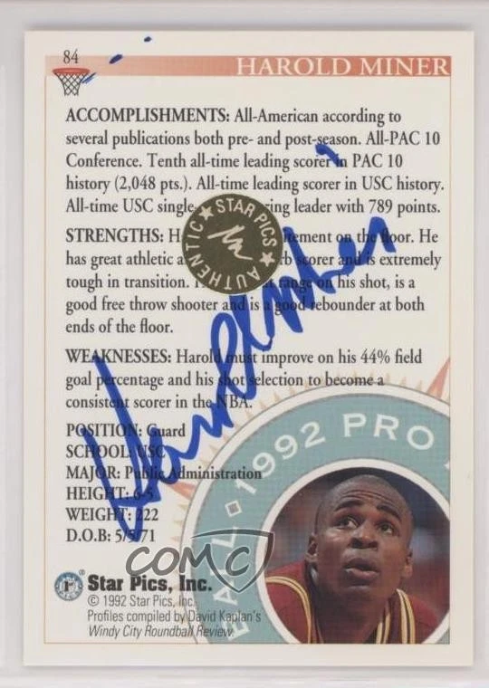 1992-93 Star Pics Auto Harold Miner #84 Rookie Auto RC - Image 2 of 2