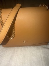 Pre owned Tory Burch Brown Solid Crossbody Bag Gold Chain Strap Logo Accents