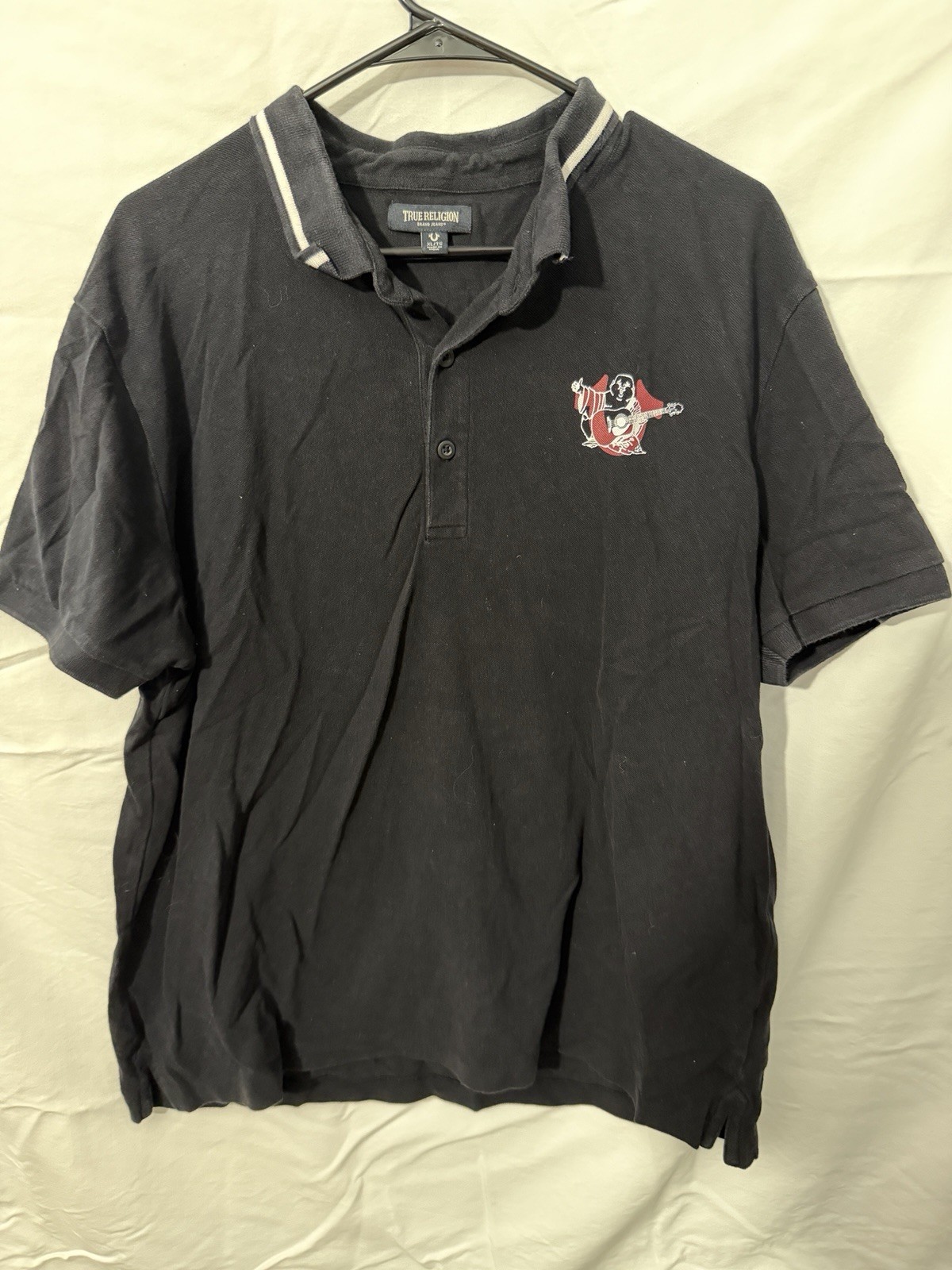 True Religion Polo Shirt Mens XL Black Buddha HS Relaxed Short Sleeve Cotton
