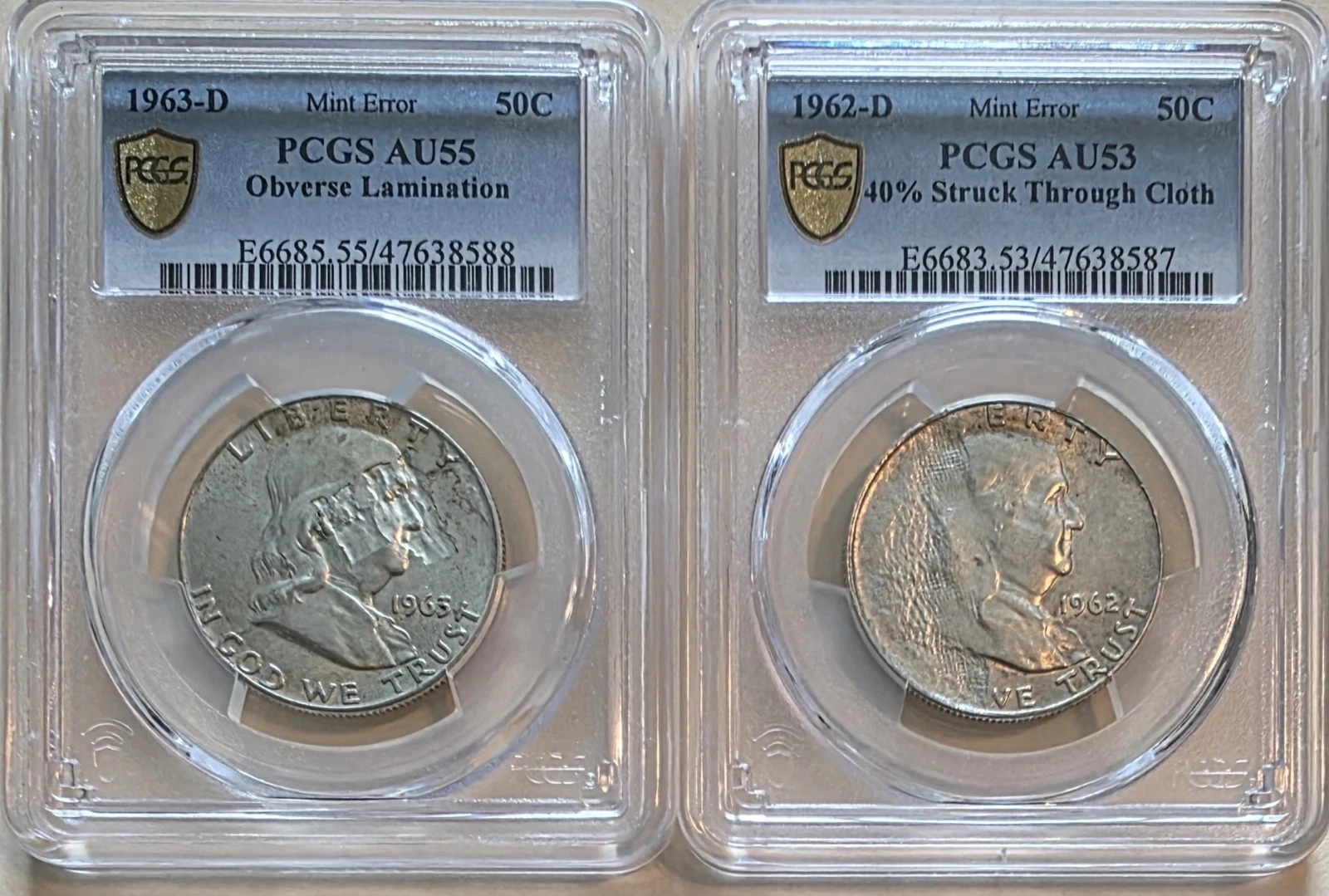 1962-D & 1963-D 50c Piece Mint Error PCGS AU53 & AU55 Lot