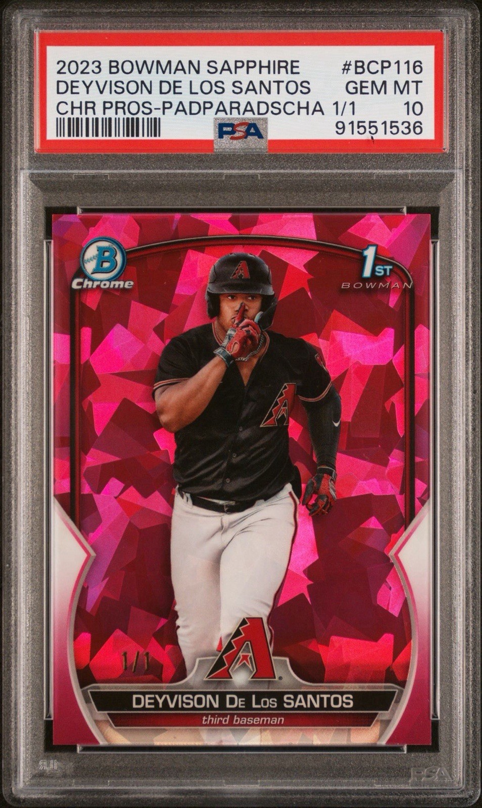 2023 Bowman Sapphire Chrome Deyvison De Los Santos Padparascha 1/1 PSA 10