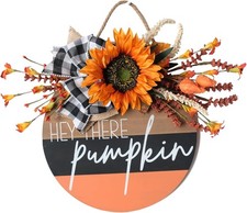 Fall Wreath Hey There Pumpkin Welcome Hanging Sign Front Door Decor with