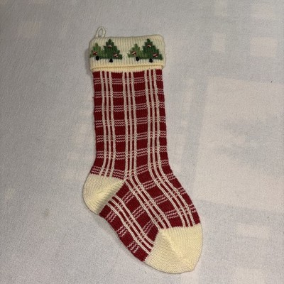 Christmas Handmade Knit Wool Nordic Design Stocking Red Cream Plaid 19 x6  Cuff