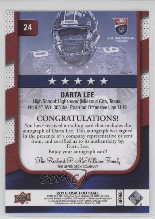 2016 Upper Deck USA Football USA U19 Auto Darta Lee #24 Auto - Image 2 of 2