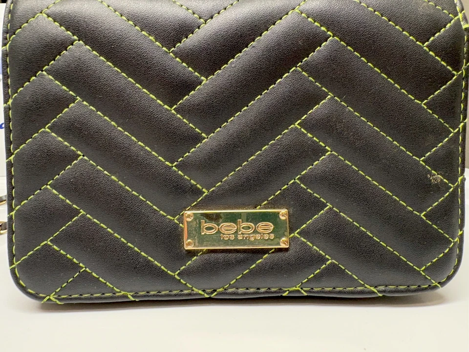 BEBE Black Quilted Green Stitch Shoulder Bag Crossbody Purse Gold Chain Clutch - Image 2 of 4