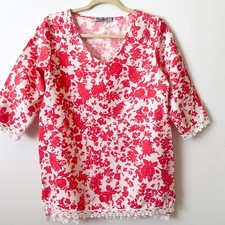Elena Baldi Linen Top Dark Pink Floral Print Lace Trim Size S Made in Italy