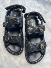 Chanel Dad Sandals Size 37 C Black Leather Gold Logo Ankle Strap Double Chunky