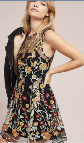  Anthropologie Sloane Embroidered Swing Dress Floral Black Gold Red Blue SP NWT - Picture 1 of 6