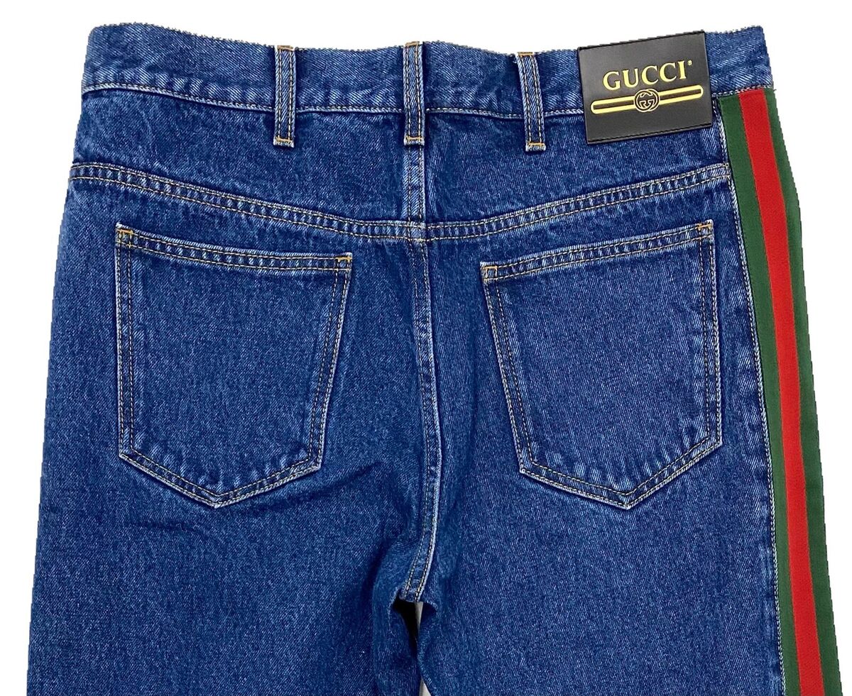 Gucci Blue Jeans Washed Denim with Stripe Size US 34, Made Gucci Blue Jeans Washed Denim with Stripe Size US 34, Made