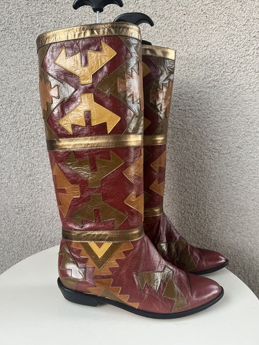 Vtg Zalo Leather Tall Boots Metallic Burgundy Southwest Design Sz 8.5B