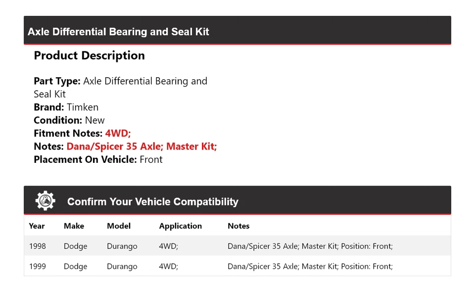 For 1998-1999 Dodge Durango Axle Differential Bearing and Seal Kit Front Timken - Image 2 of 3